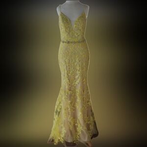 JVN Jovani Yellow Nude Lace Bling beading strapless prom pageant dress gown 8